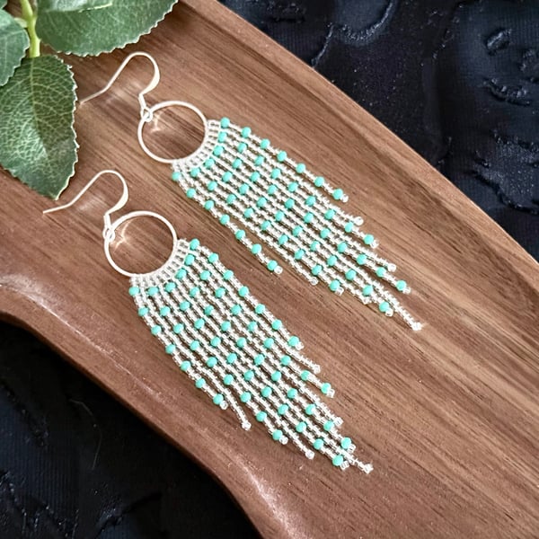 Turquoise and crystal beaded fringe earrings