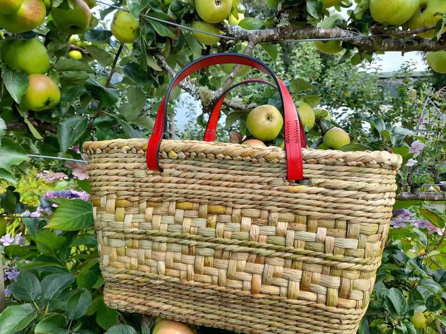 Rush Shopping Basket with English Leather Handles handmade in Cornwall - 680