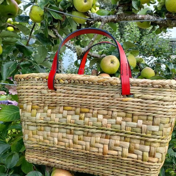 Rush Shopping Basket with English Leather Handles handmade in Cornwall - 680