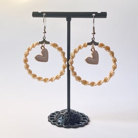 Earrings Macrame Hoop -  Gold & White Heart FREE UK P&P