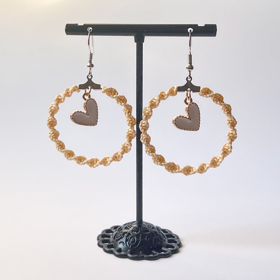 Earrings Macrame Hoop -  Gold & White Heart FREE UK P&P