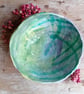 Earthenware pottery painted bowl rustic organic shape pinch pot lilac green blue