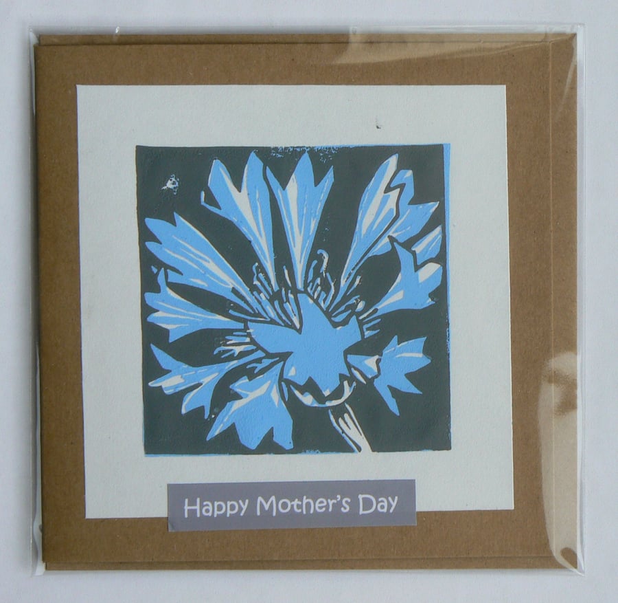 Cornflower hand printed linocut Mother's Day card