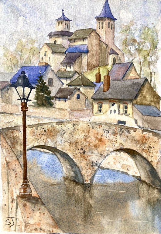 Chatillon sur Siene Cote d Or France rooftops original watercolour painting 