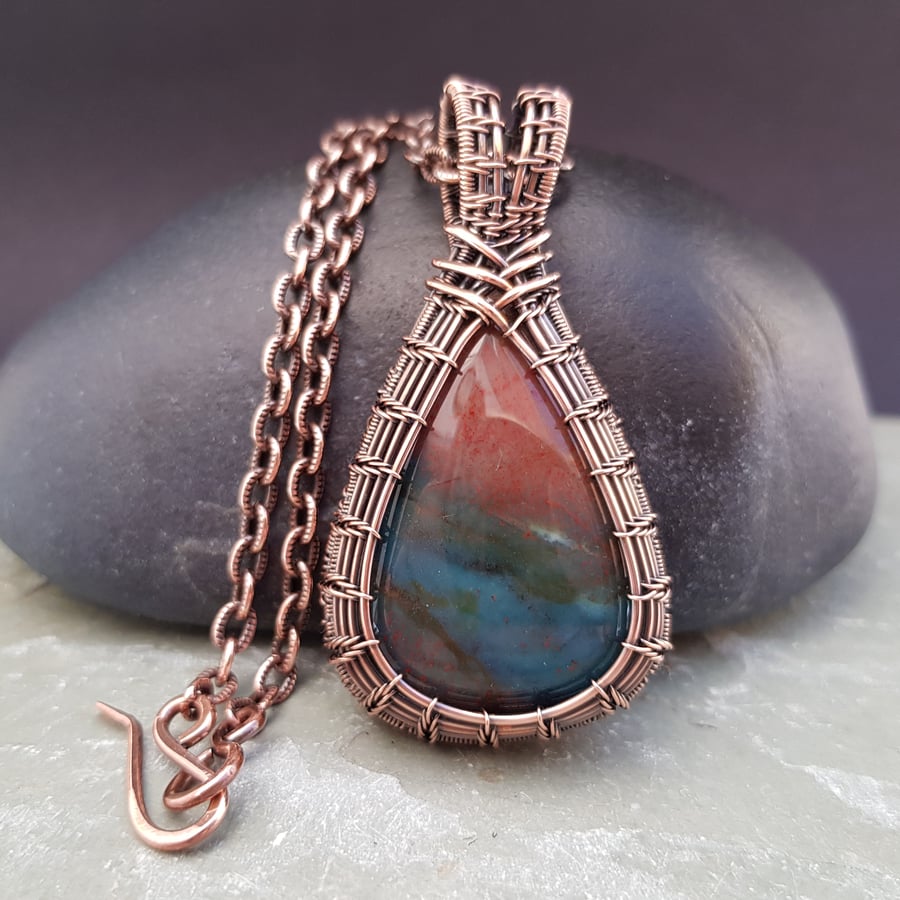 Bloodstone and Copper Wire Woven Pendant