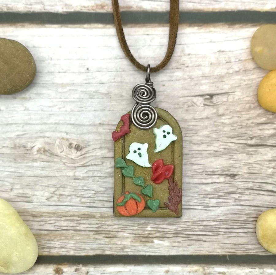 Halloween Scene Polymer Clay Pendant 