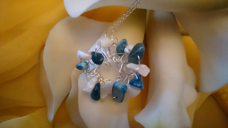 Sterling silver crocheted apatite and mother of pearl necklace 