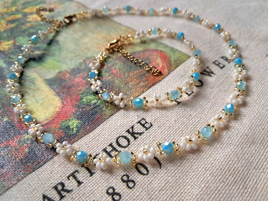 For Summer Days: Aqua Blue & Pearl White Beaded Necklace and Bracelet Set