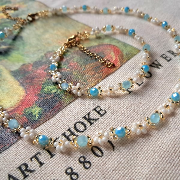 For Summer Days: Aqua Blue & Pearl White Beaded Necklace and Bracelet Set