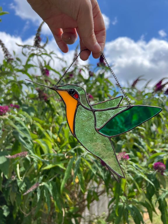 Stained Glass hummingbird in classic green and yellow colours