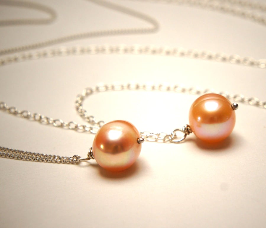 Apricot Fresh Water Pearl and Sterling Silver Chain Bride, Bridesmaid Necklace