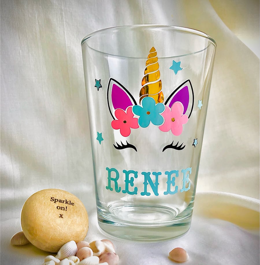 Unicorn glass personalised gift birthday summer drinks children love party