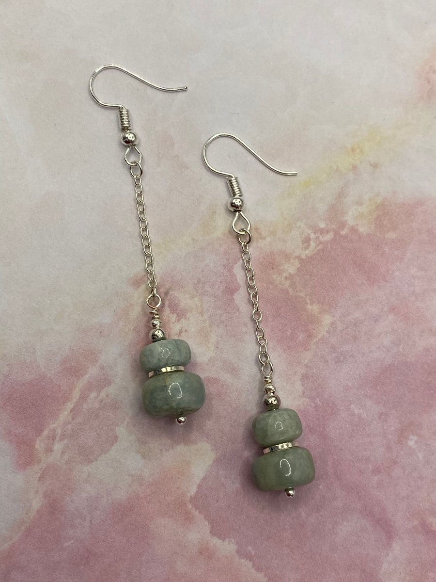 Silver plated chain earrings with aquamarine stones 