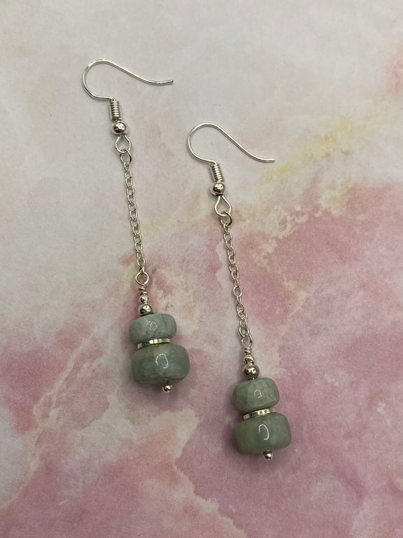 Silver plated chain earrings with aquamarine stones 