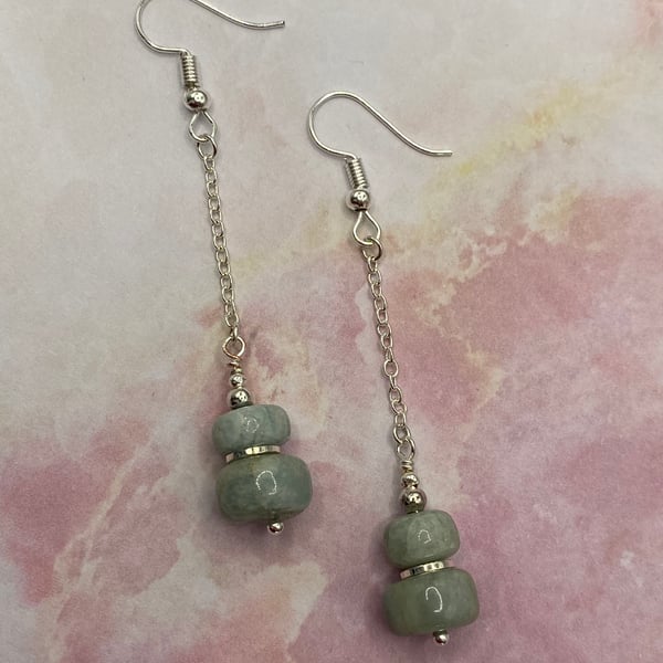 Silver plated chain earrings with aquamarine stones 