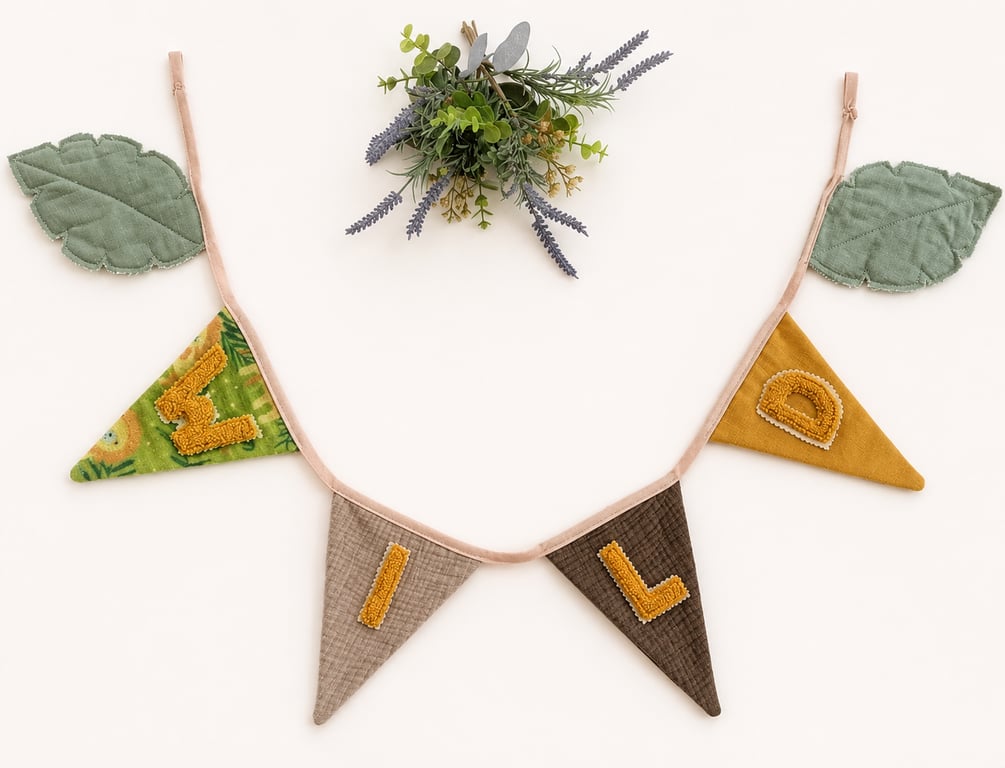 Wild Safari Name Garland - Quilted Leaf & Velour Heirloom Nursery Bunting
