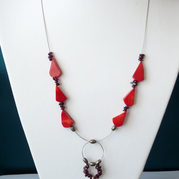 Garnet, Red Coral & Pyrite Necklace - Sterling Silver - Handmade 