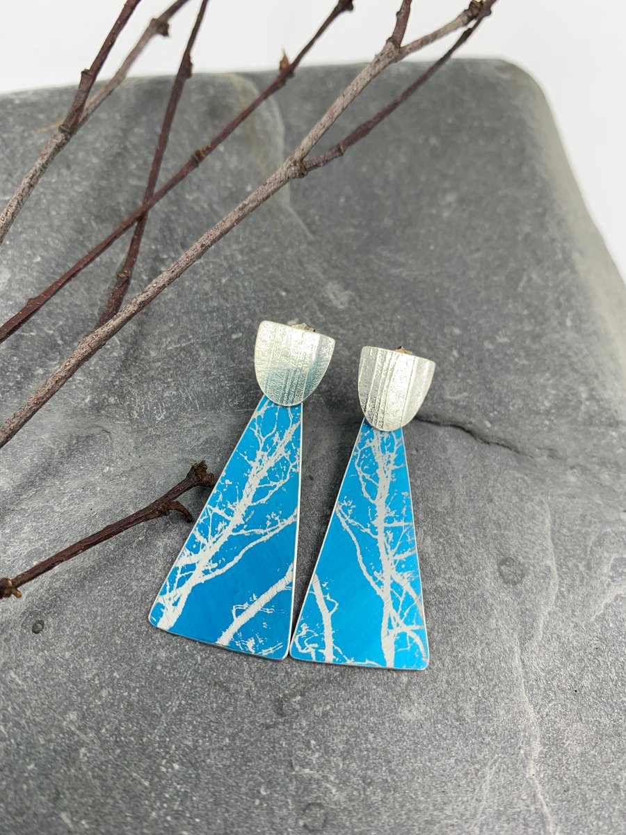 Turquoise aluminium winter tree earrings with silver stud