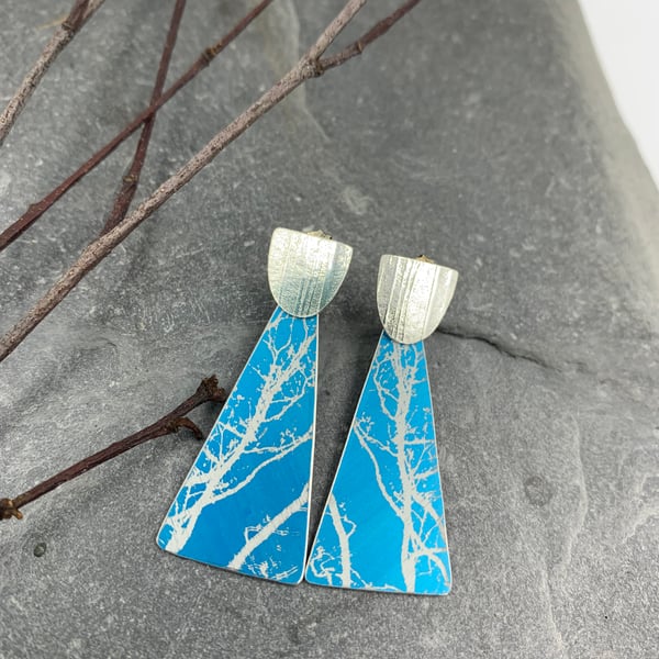 Turquoise aluminium winter tree earrings with silver stud