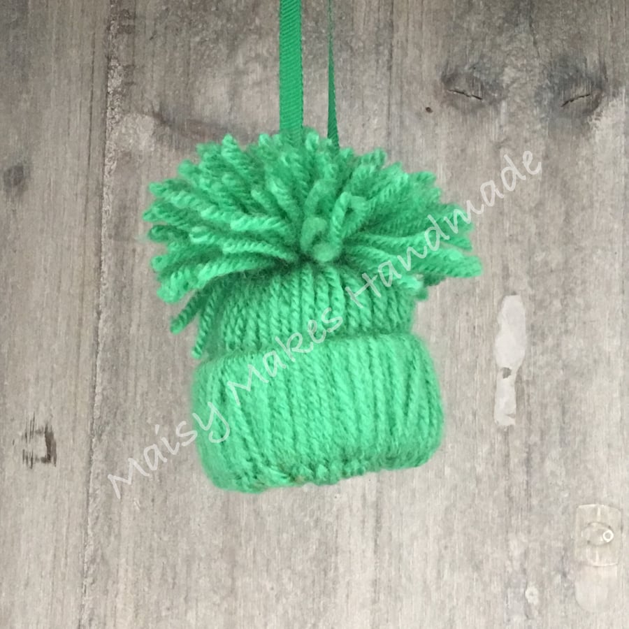 Christmas Bobble Hat Hanging Decoration in Emerald Green