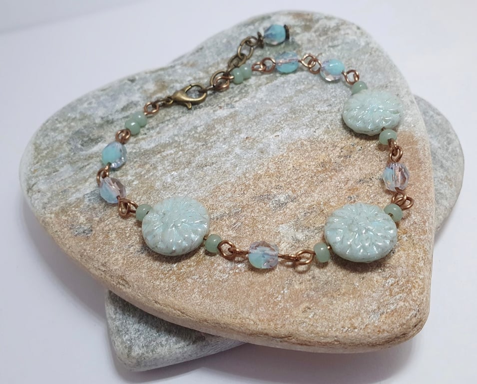 Pale blue and sage green dahlia flower bracelet