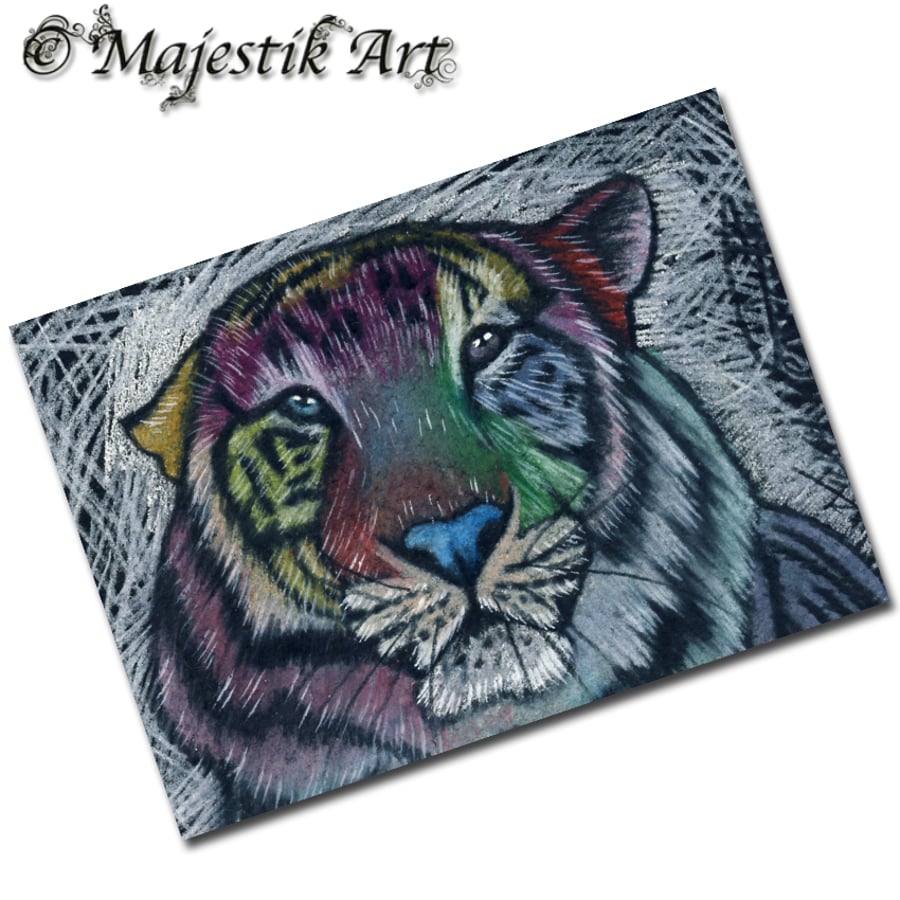 Archival ACEO Multi coloured Tiger Print 'Colourful' By V Kenworthy