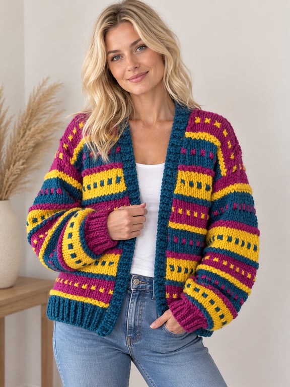 Ladies Super-chunky Hand-knitted Cardigan in Teal, Magenta and Mustard Yellow 