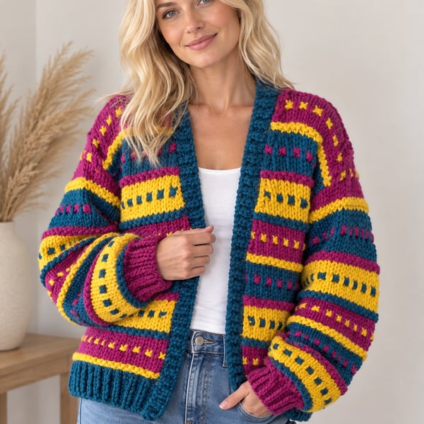 Ladies Super-chunky Hand-knitted Cardigan in Teal, Magenta and Mustard Yellow 