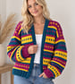 Ladies Super-chunky Hand-knitted Cardigan in Teal, Magenta and Mustard Yellow 