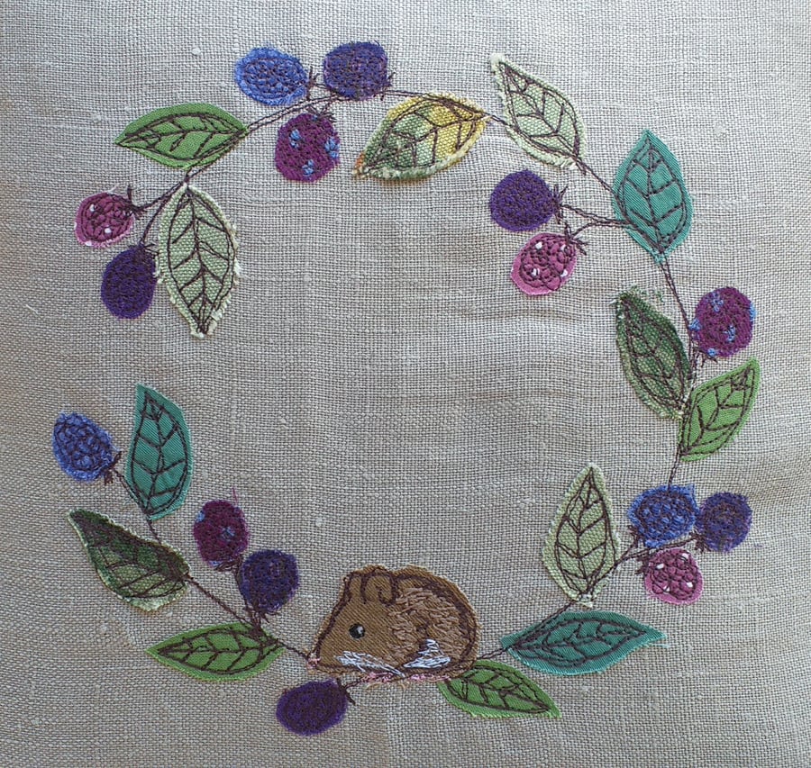 Mouse and Blackberry Wreath Embroidered Cushion