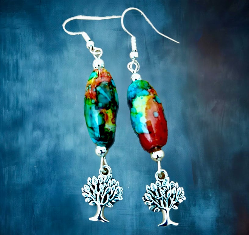 Silver Tree Dangle Earrings Harlequin Oval Glass Bead, Freepost