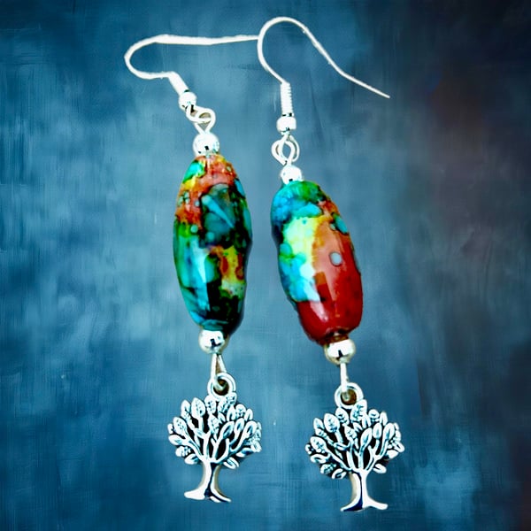 Silver Tree Dangle Earrings Harlequin Oval Glass Bead, Freepost