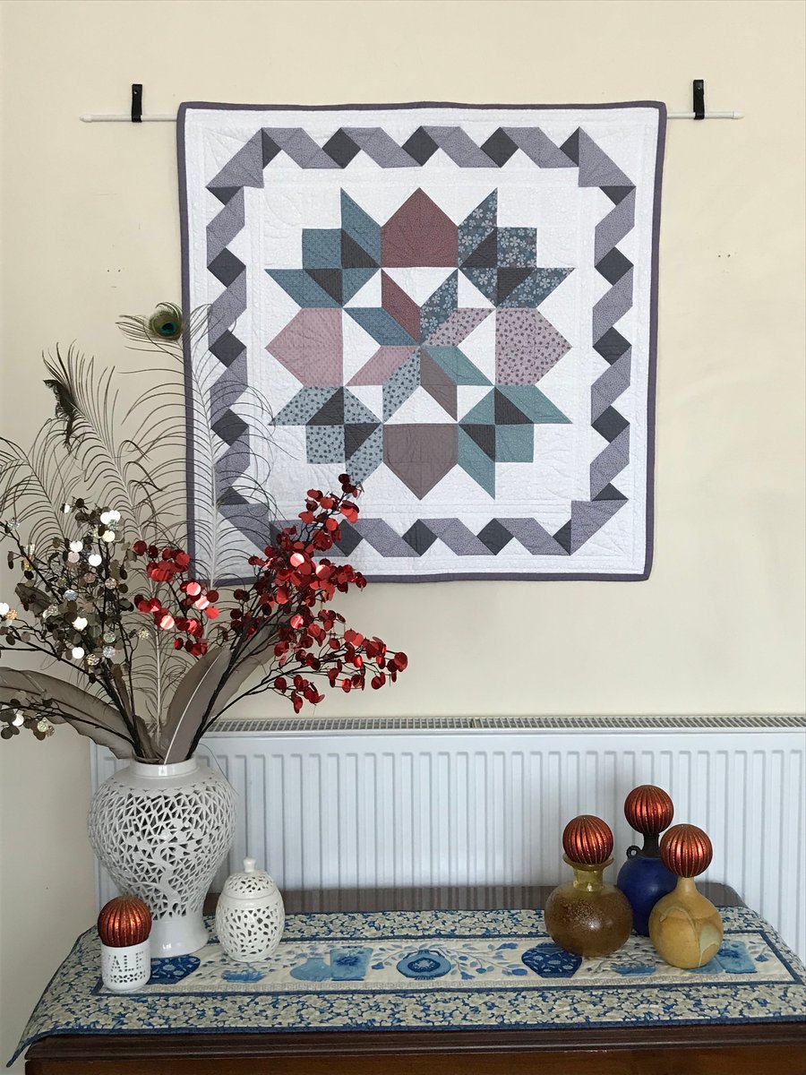 Twisted Ribbon quilted textile wall hanging or table topper white taupe blue