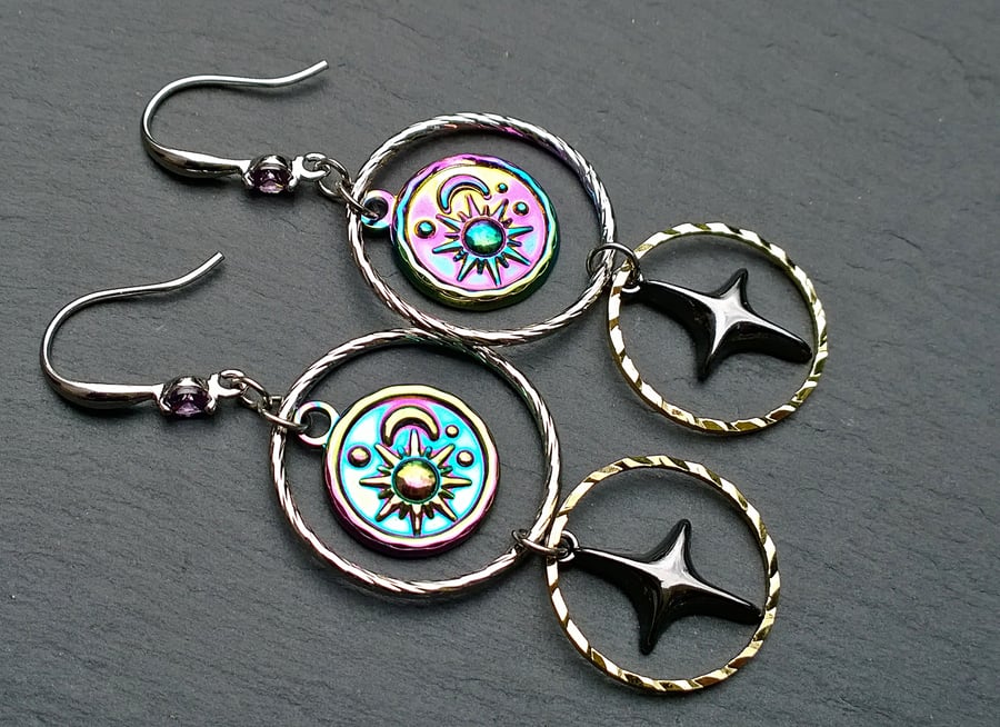 Sun, Moon and Stars Long Drop Earrings with Purple Crystals, White Gold Plated