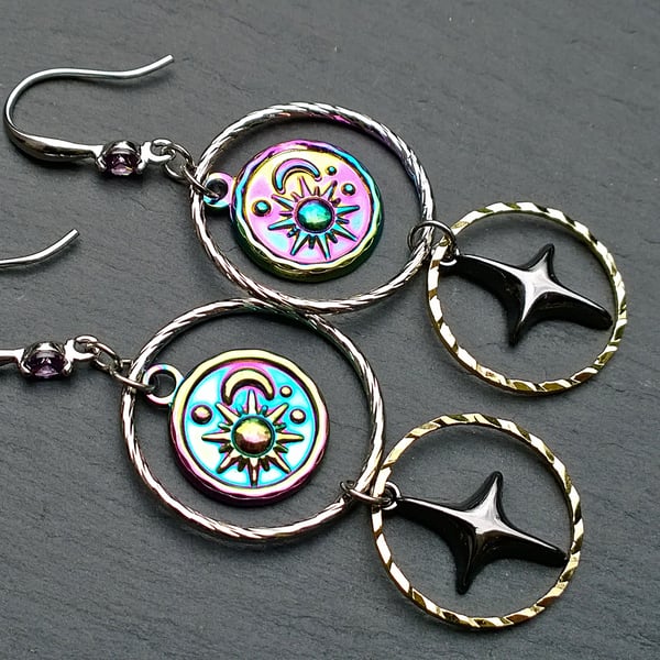 Sun, Moon and Stars Long Drop Earrings with Purple Crystals, White Gold Plated