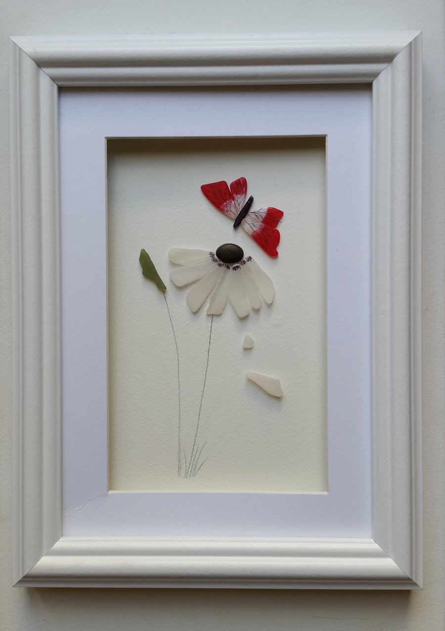 Mother's Day Gifts, Sea Glass Art, Sea Glass Daisy and Red Butterfly, for Nans