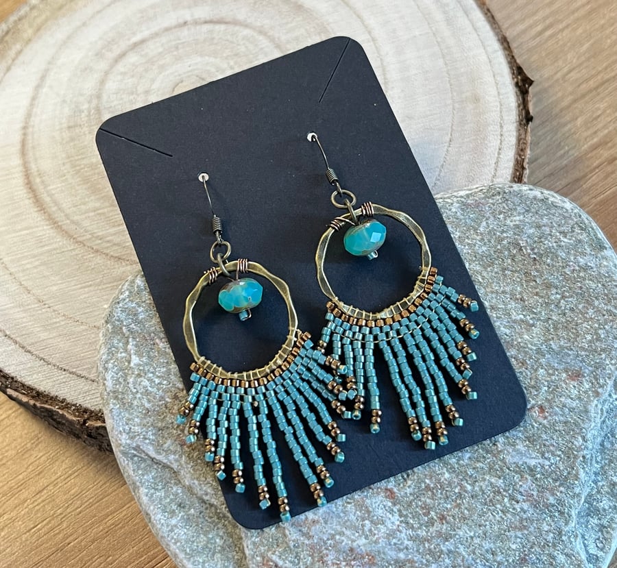 Bohemian beaded hoop fringe earrings in blue and bronze