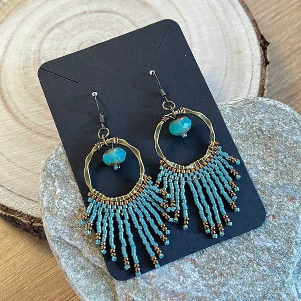 Bohemian beaded hoop fringe earrings in blue and bronze