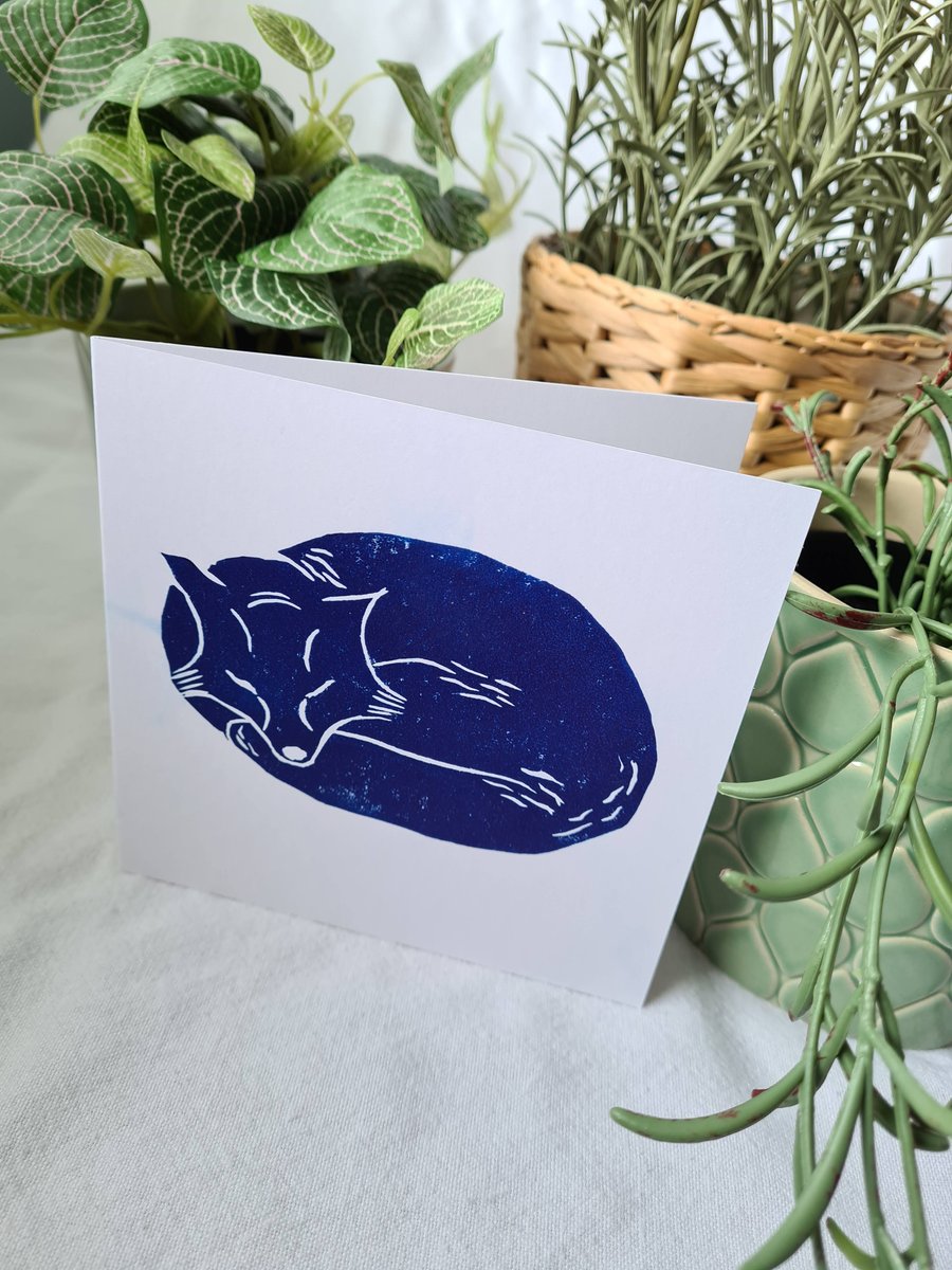 Handprinted blue sleeping fox linocut card artwork home decor