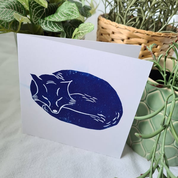 Handprinted blue sleeping fox linocut card artwork home decor