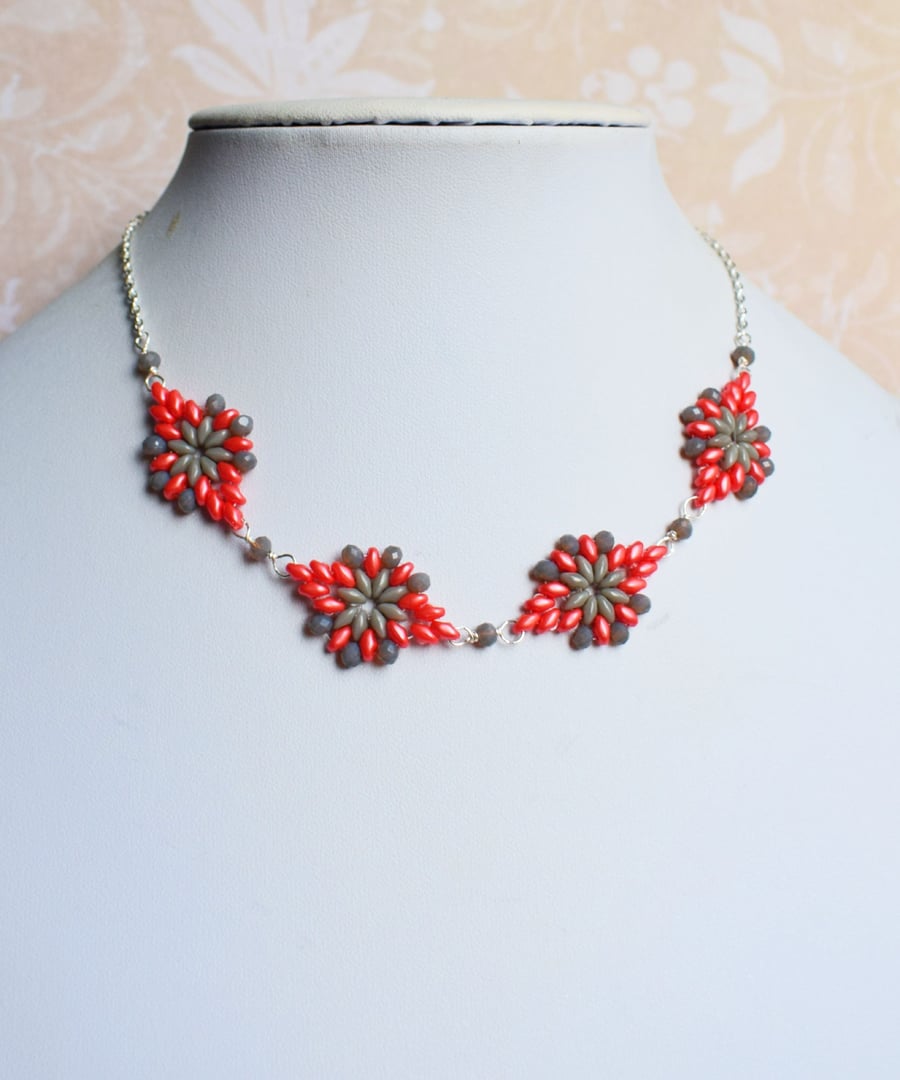 Coral and Grey Beaded Necklace