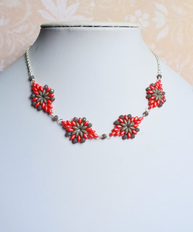 Coral and Grey Beaded Necklace