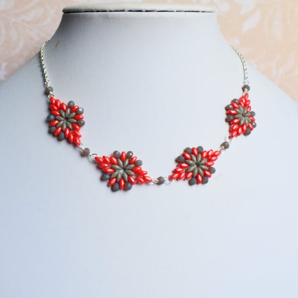 Coral and Grey Beaded Necklace