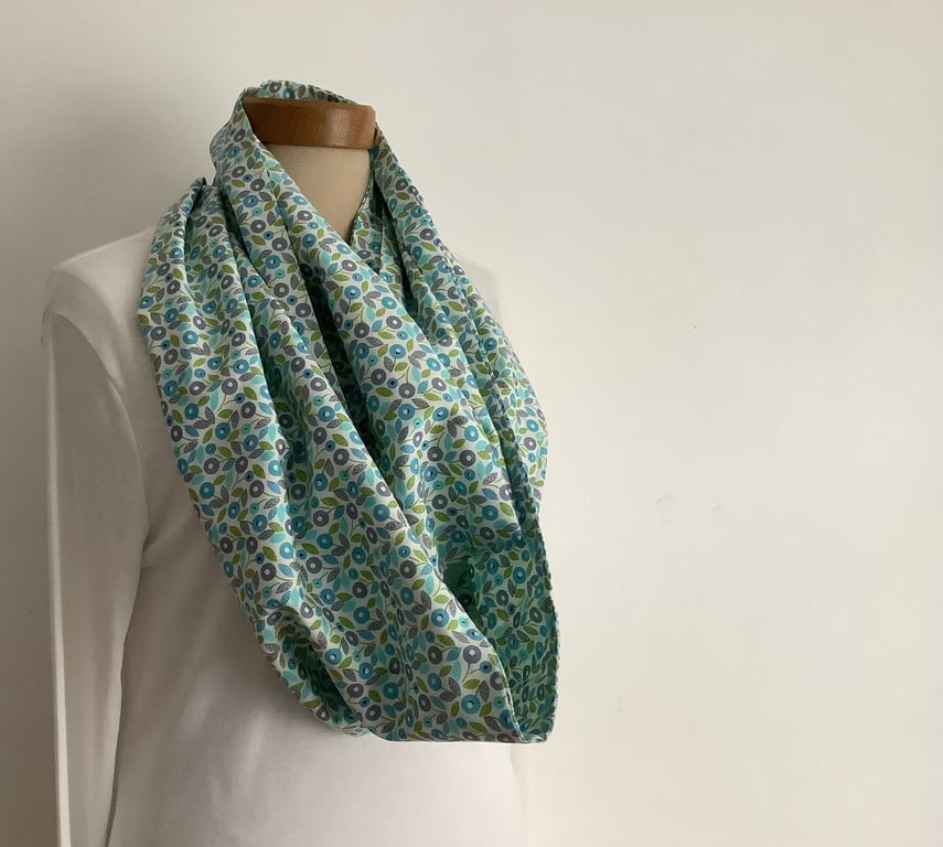 COTTON  lawn infinity scarf. ' Retro Bloom.'. Blue, green. Floral. 