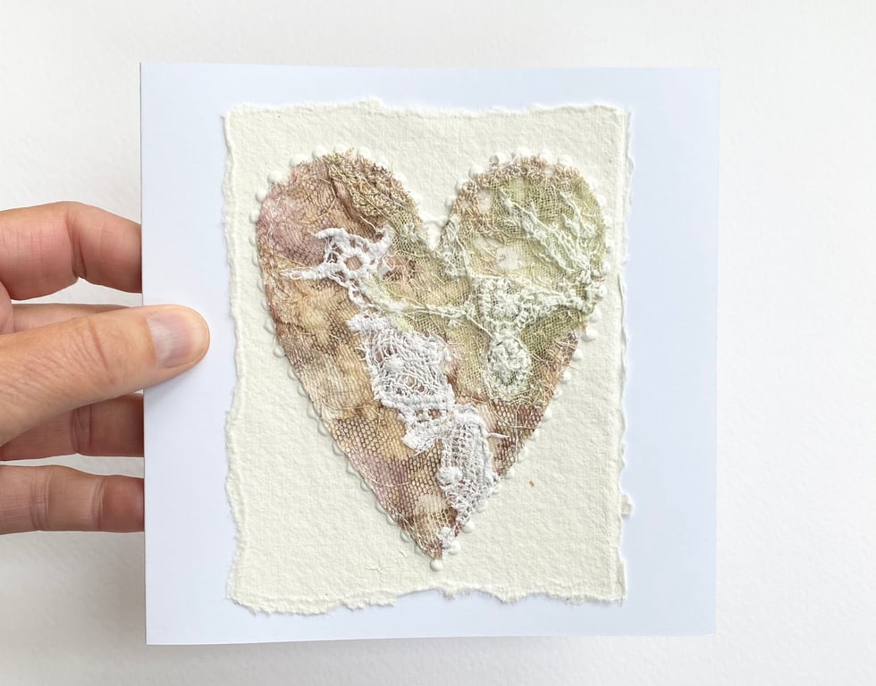 Up-cycled handmade fabric embroidered heart art card. 