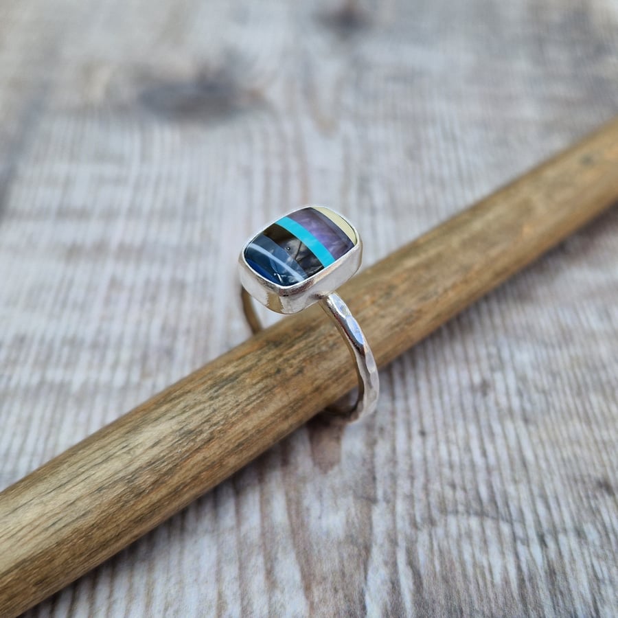Surfite Rectangle Ring with Hammered Ring Band - UK Size O