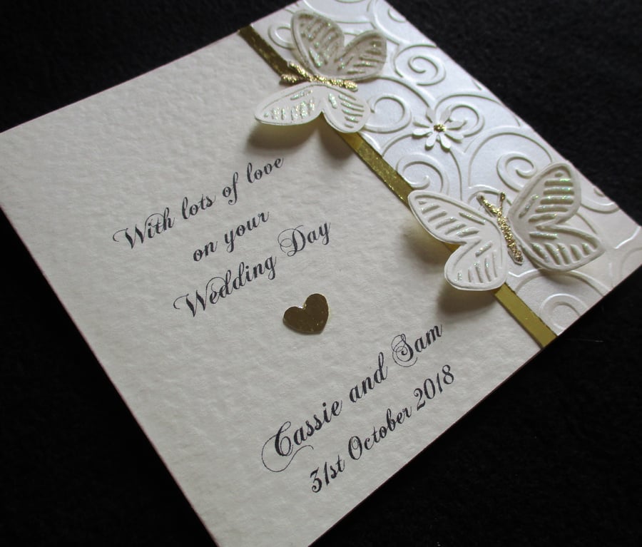 Sparkly Butterflies Wedding Card - Personalised - Ivory and Gold - Anniversary 