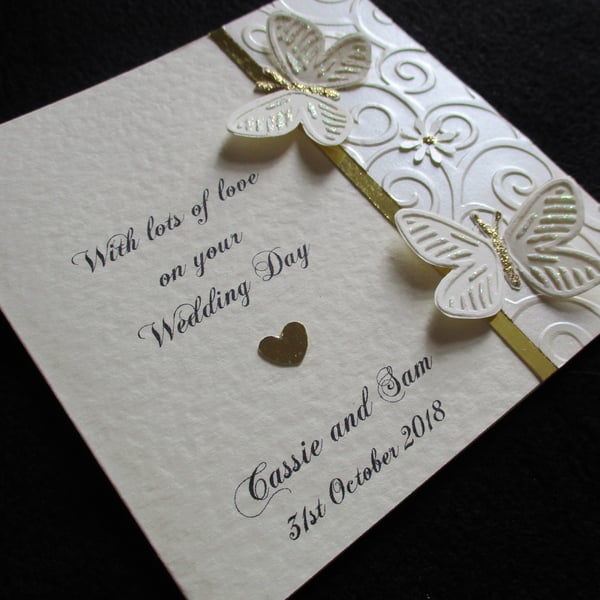 Sparkly Butterflies Wedding Card - Personalised - Ivory and Gold - Anniversary 