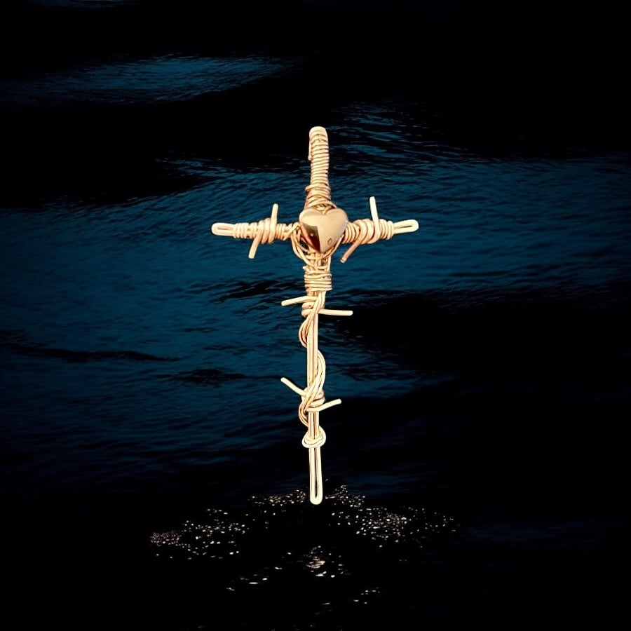 Stainless Steel Barbed Cross & Hematite Heart Necklace - Goth, Alchemy - Large