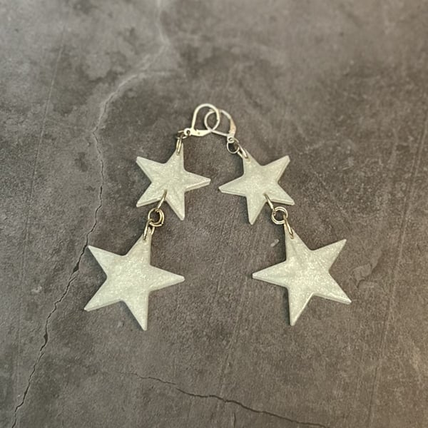Resin Large Star Lever Back Earrings in Sparkly White